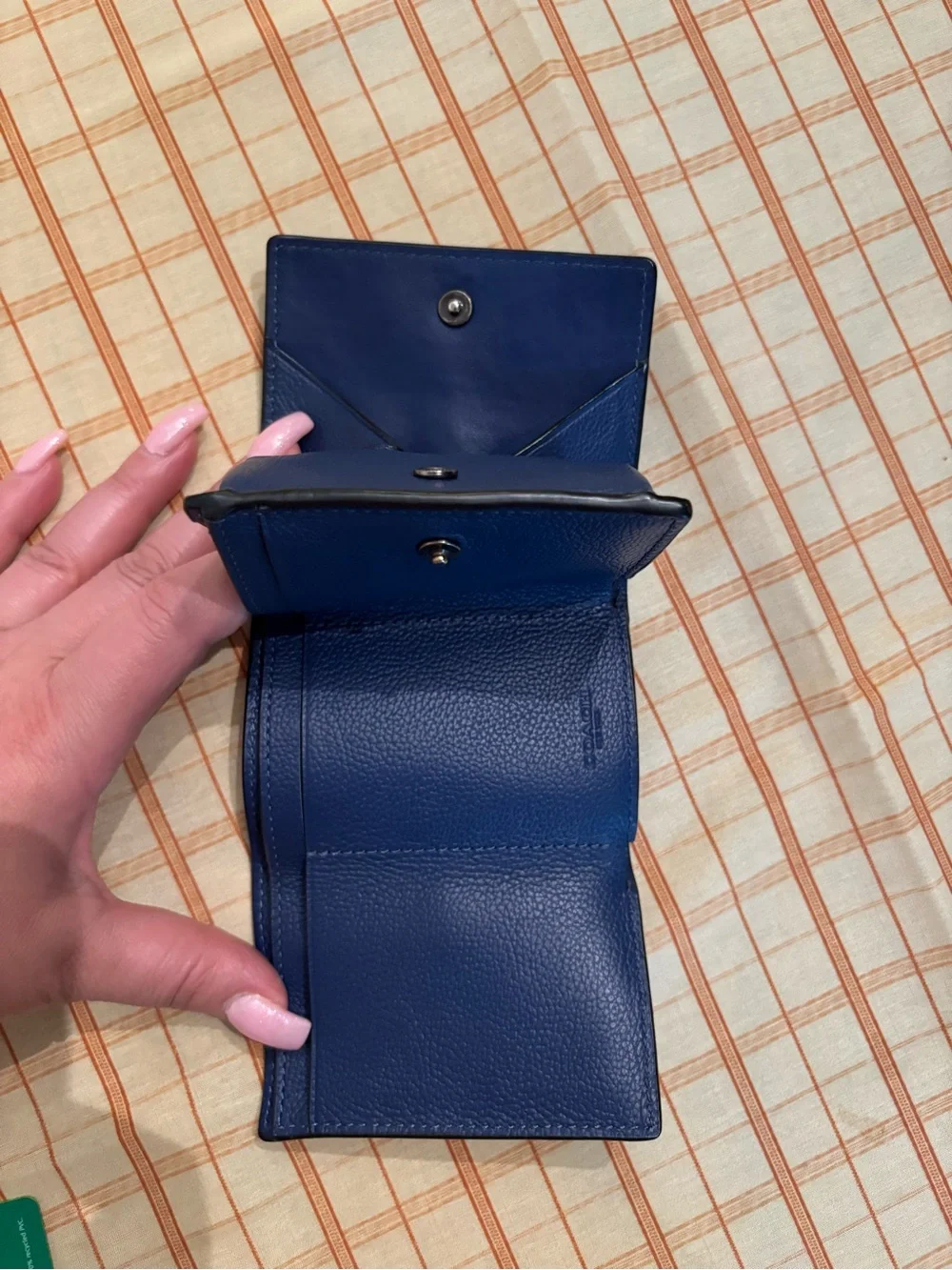 Coach Navy Blue Pebbled Leather Trifold Snap Wallet